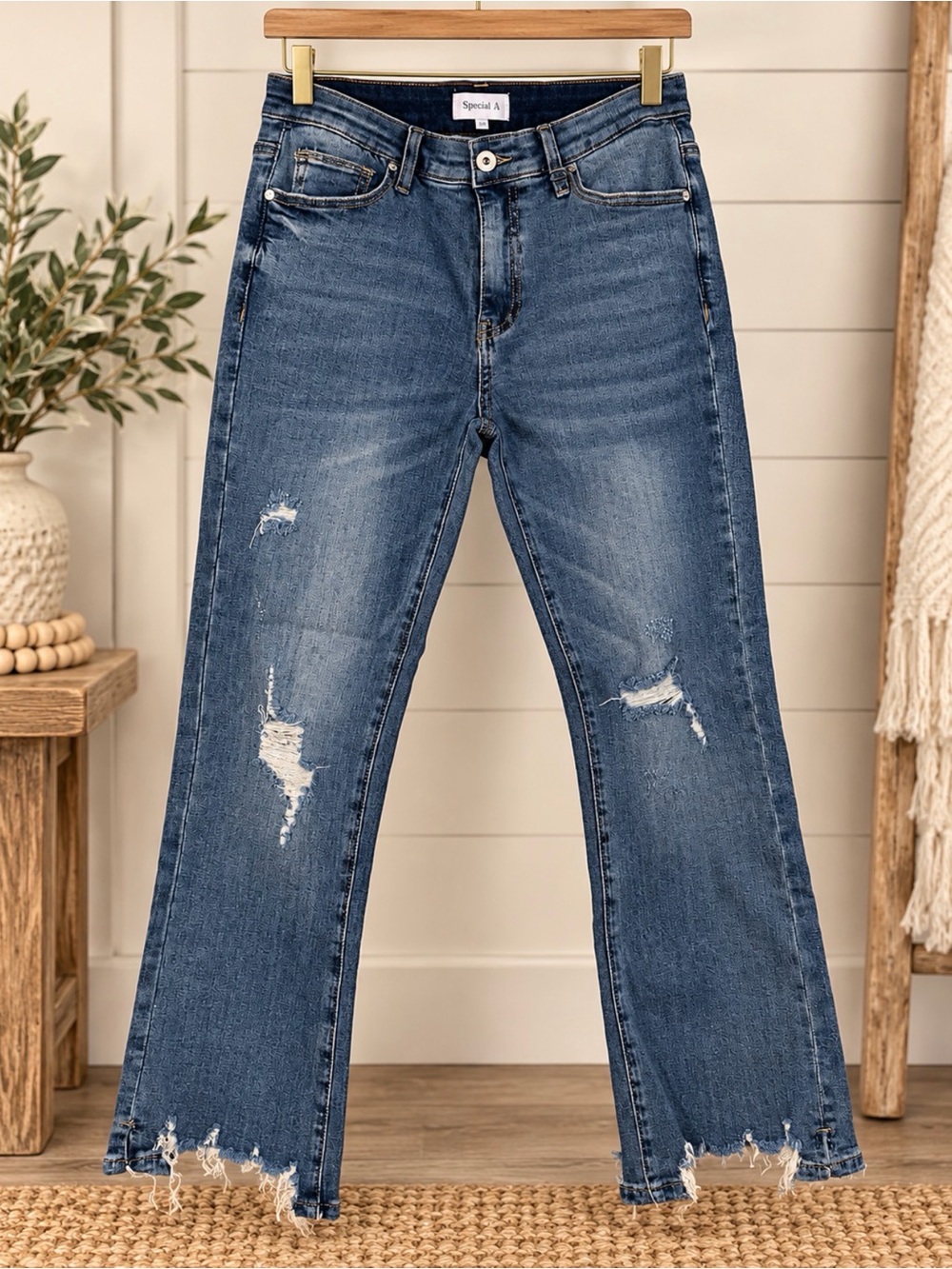 Special A Women's Mid-Blue Flare Jeans with Frayed Hem